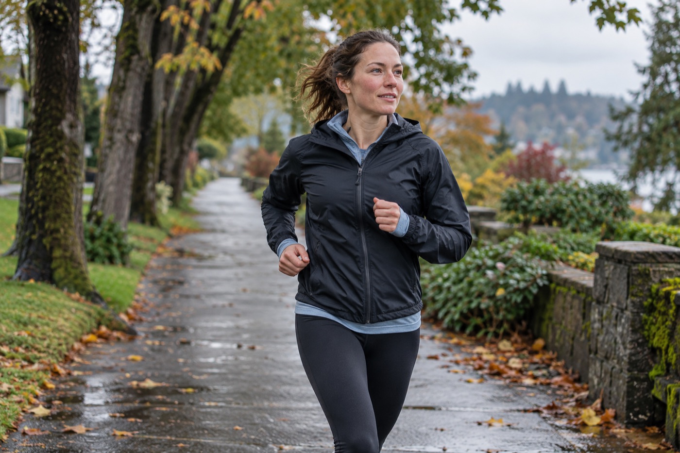 Runner wearing a light layer on a cool, overcast neighborhood run