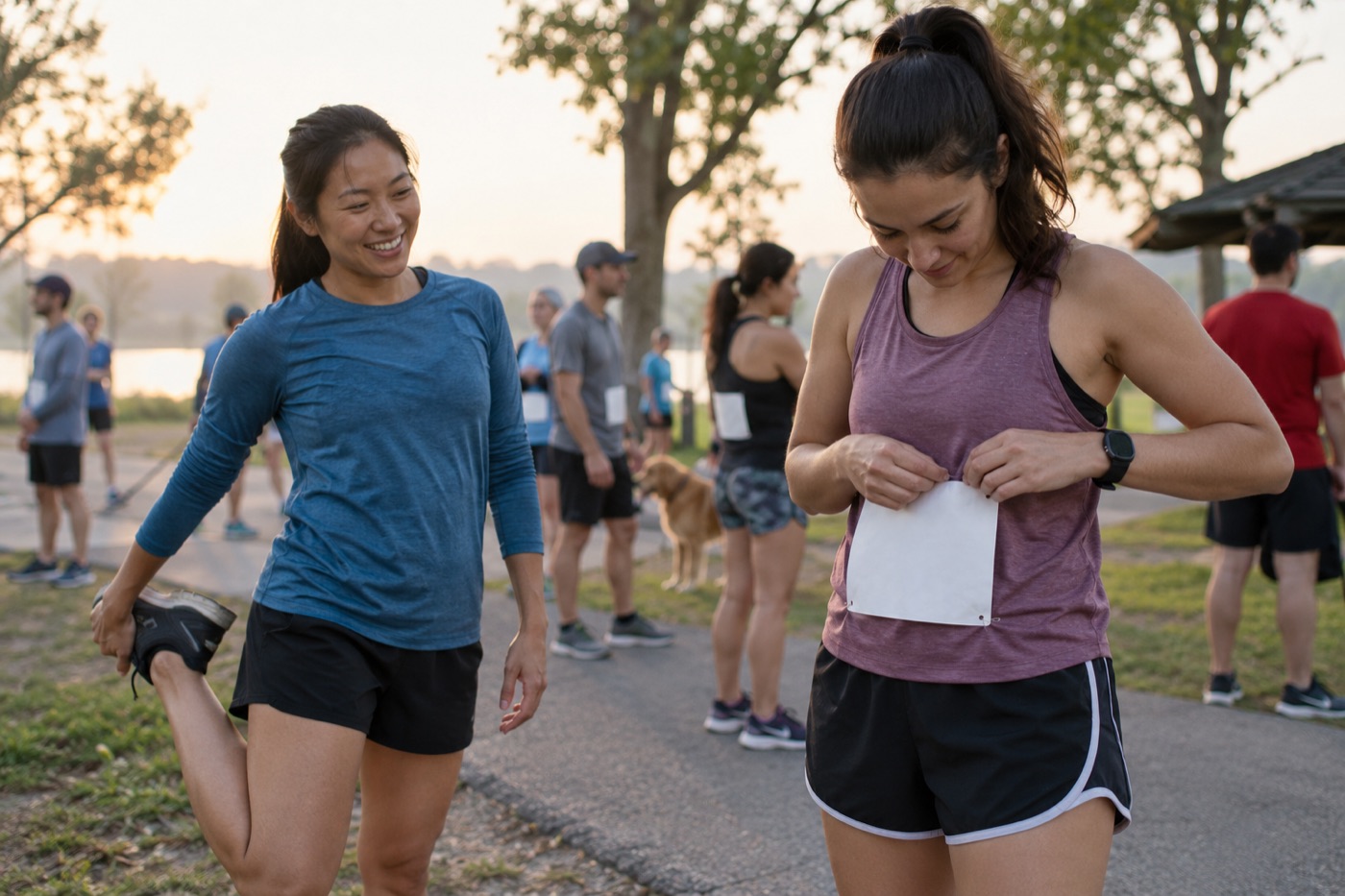 Two runners getting ready for a local park 5K