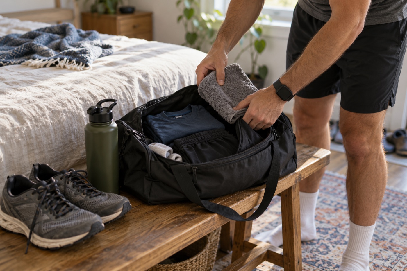 Packing a gym bag with a clean shirt, towel, water bottle and shoes