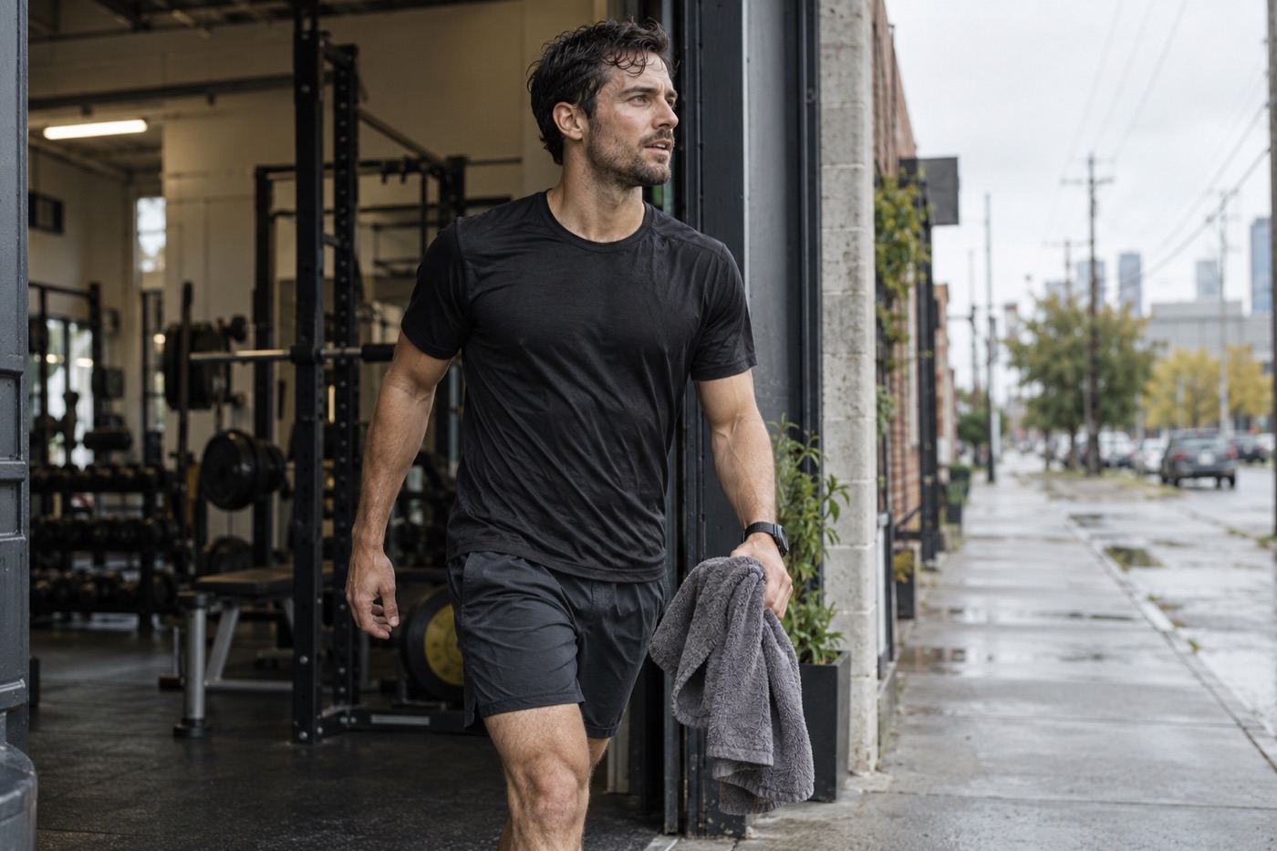 Runner leaving a neighborhood gym after a training session