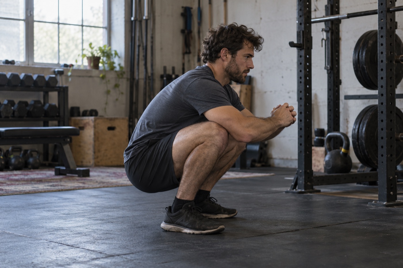 Lifter checking squat depth in a neighborhood strength gym