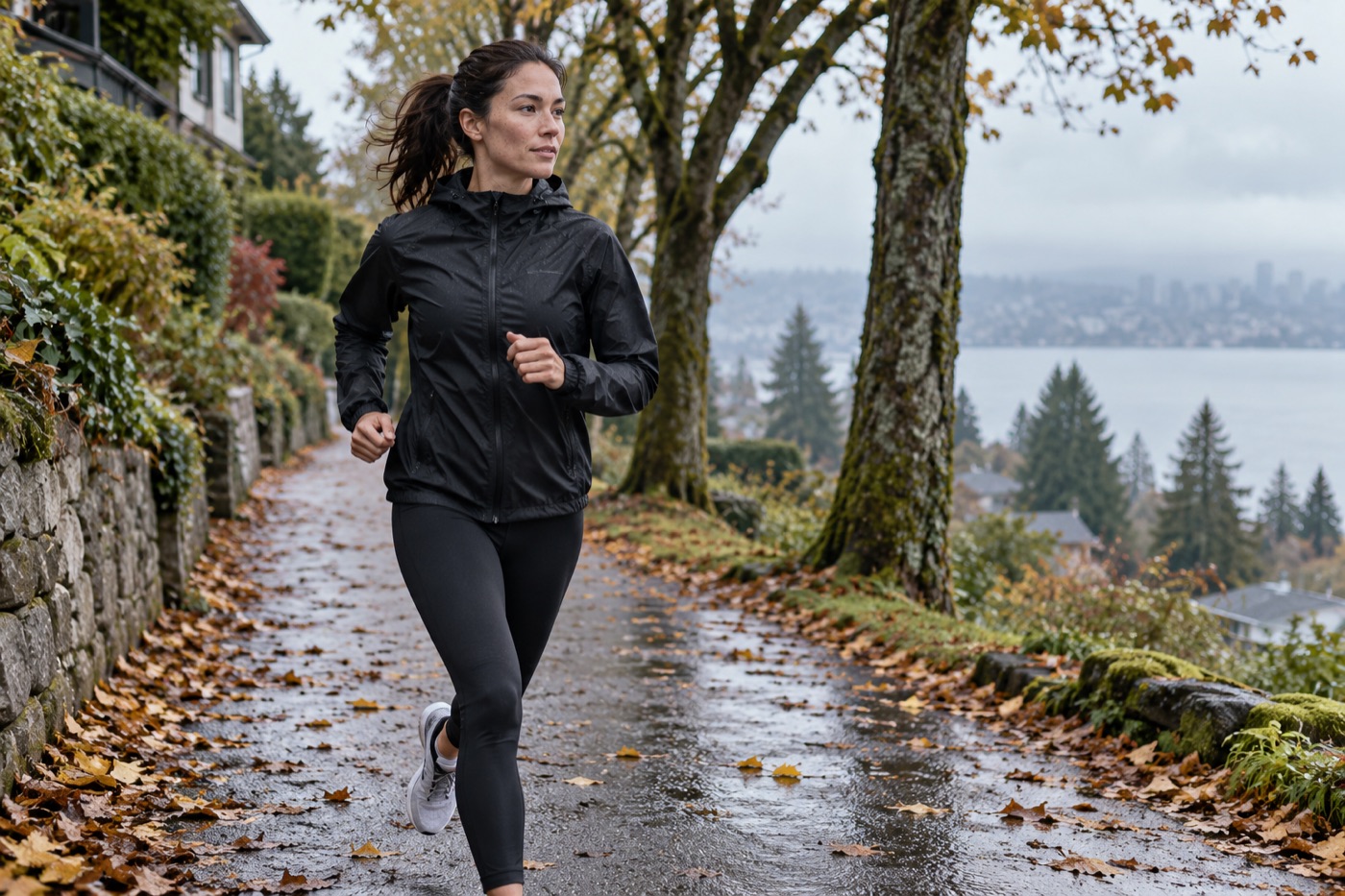 Runner in a lightweight shell on a damp park path