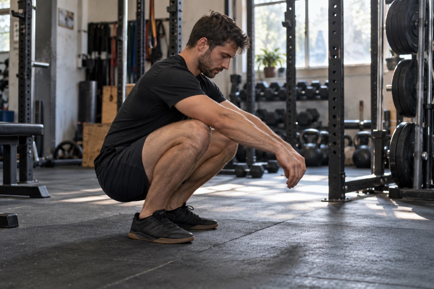 Athlete checking squat depth and shorts fit in a small gym