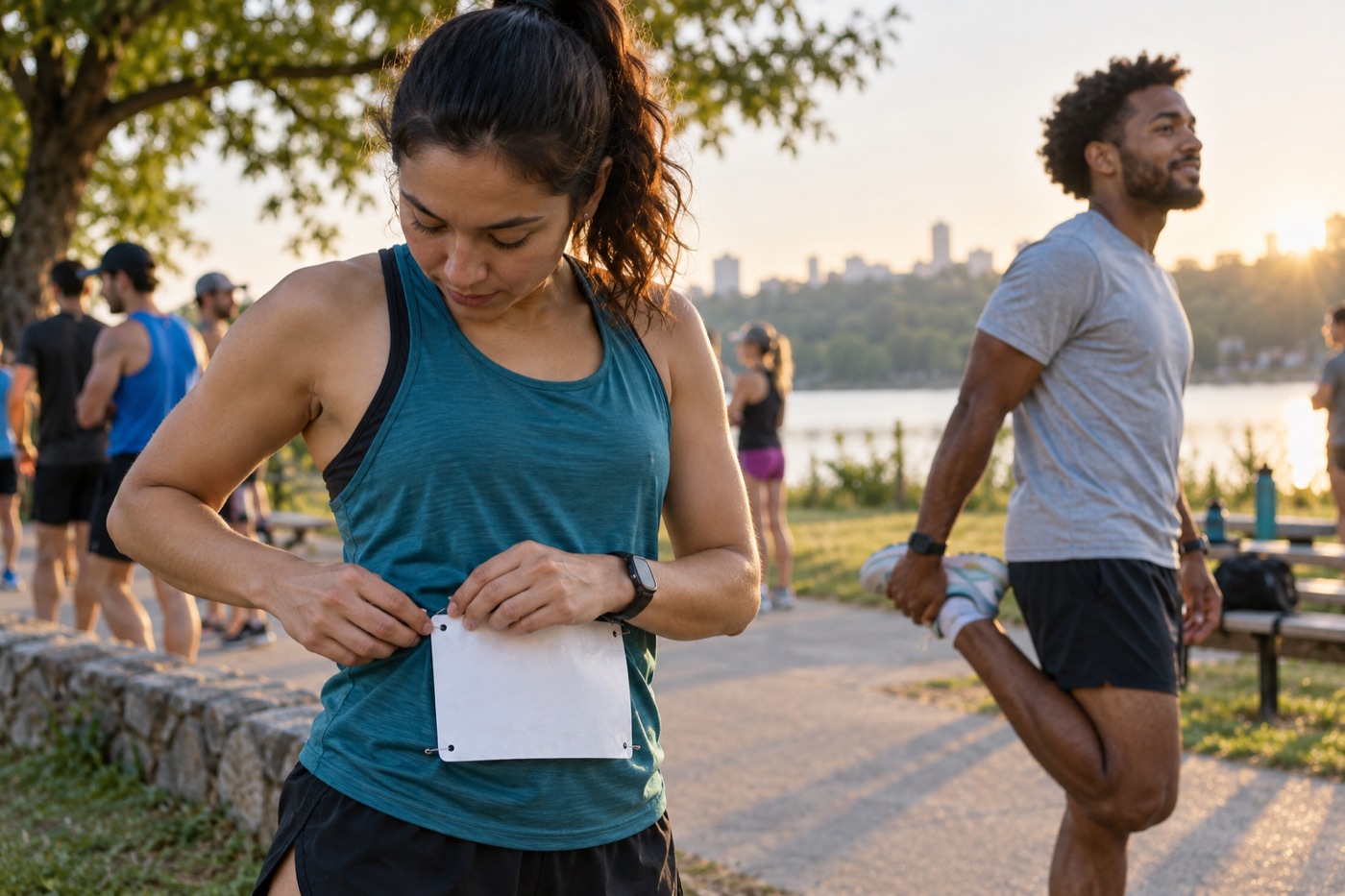 Runner pinning a race number to a lightweight training top