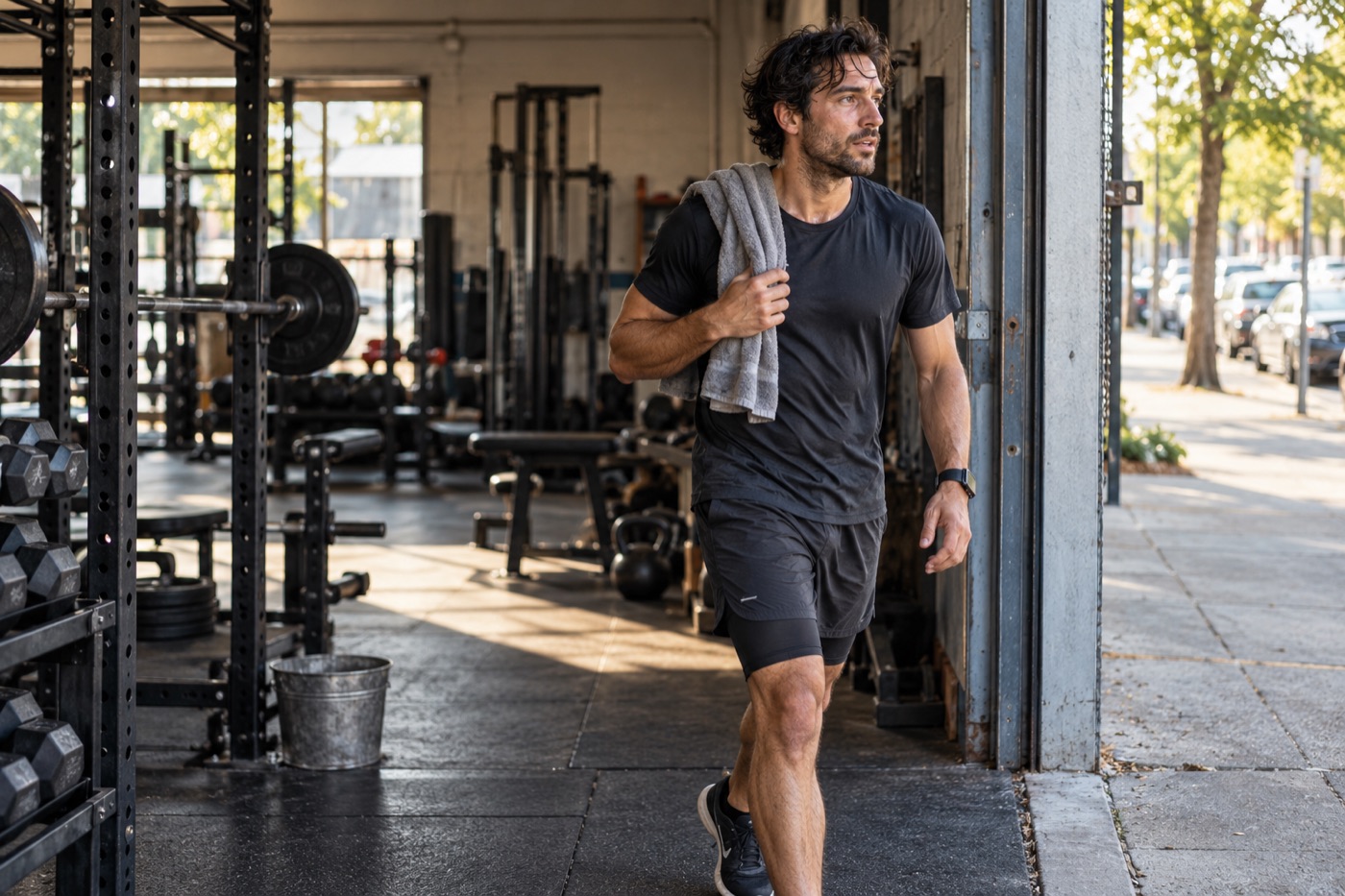 Athlete heading out from a local gym in a simple training outfit